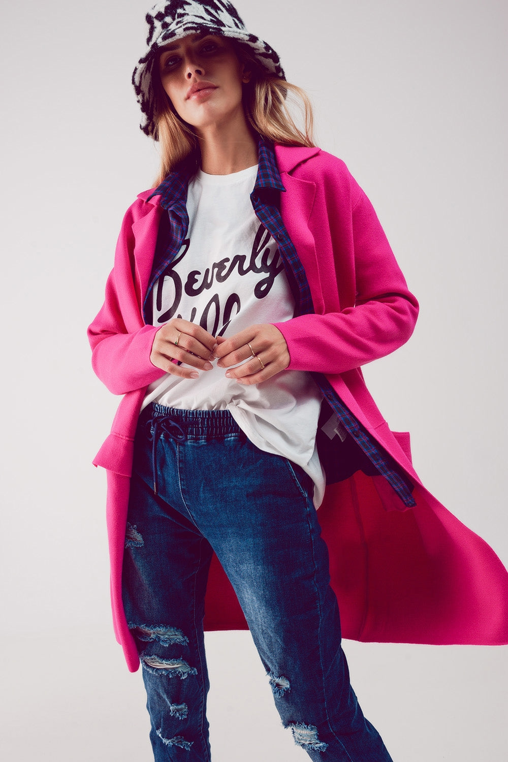 Q2 Cardigan de gola oversized em fuchsia