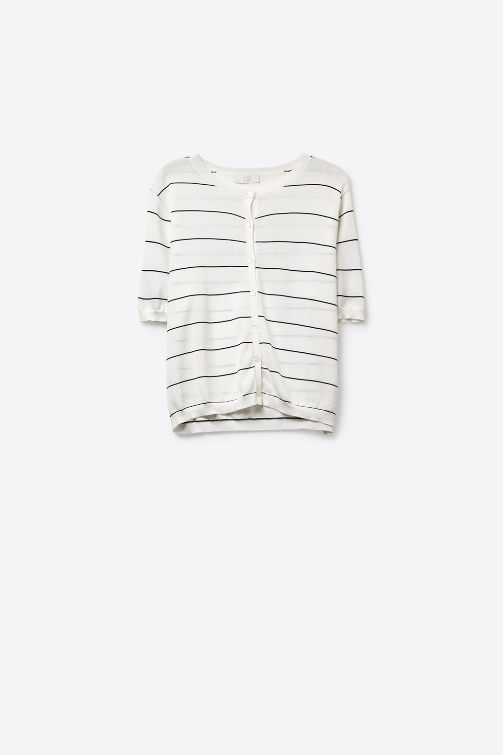 Q2 Cardigan de Malha Branca com Listras e Botões na Frente de Manga Curta