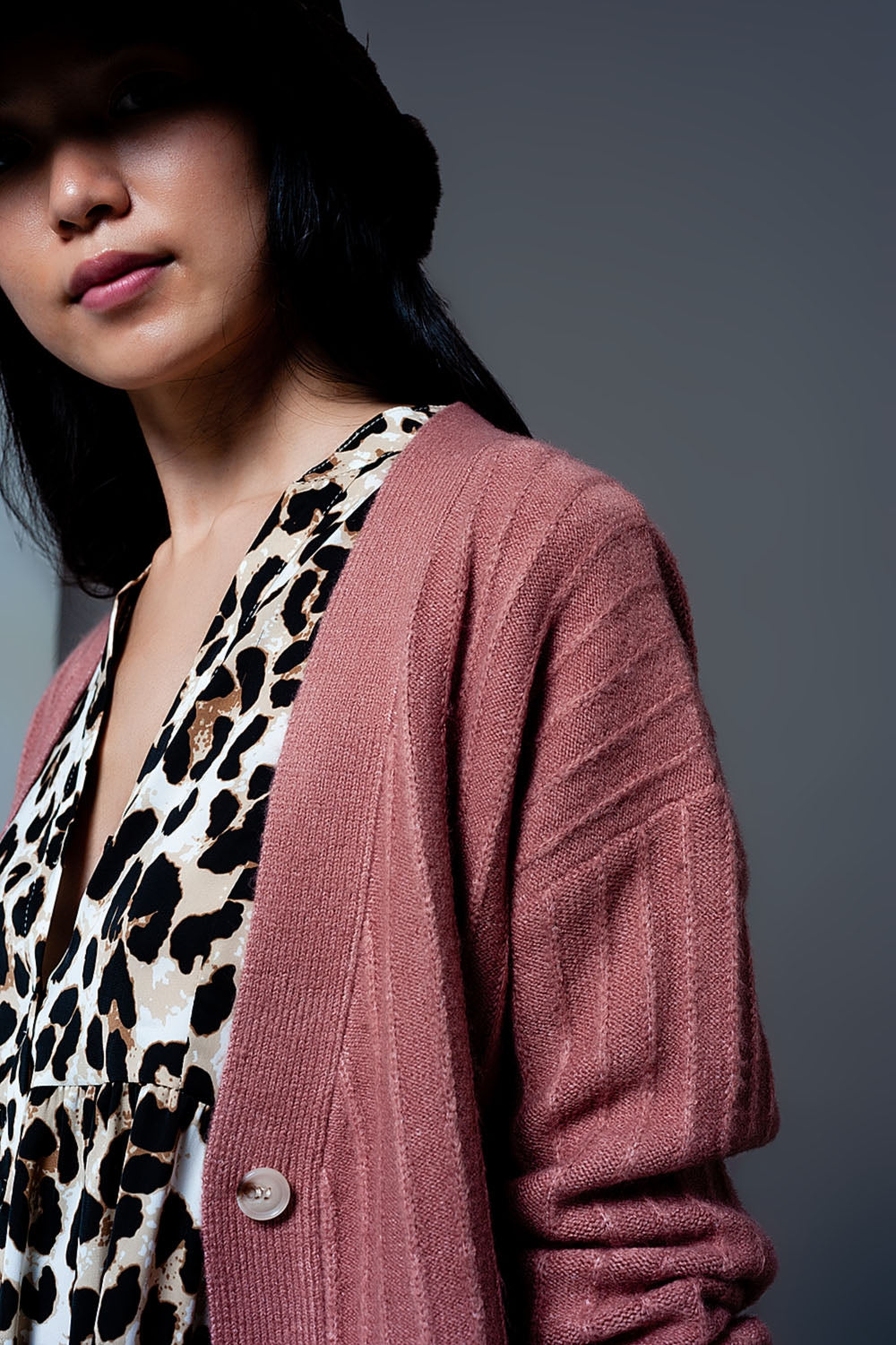 Cardigan de malha com mangas de balão rosa