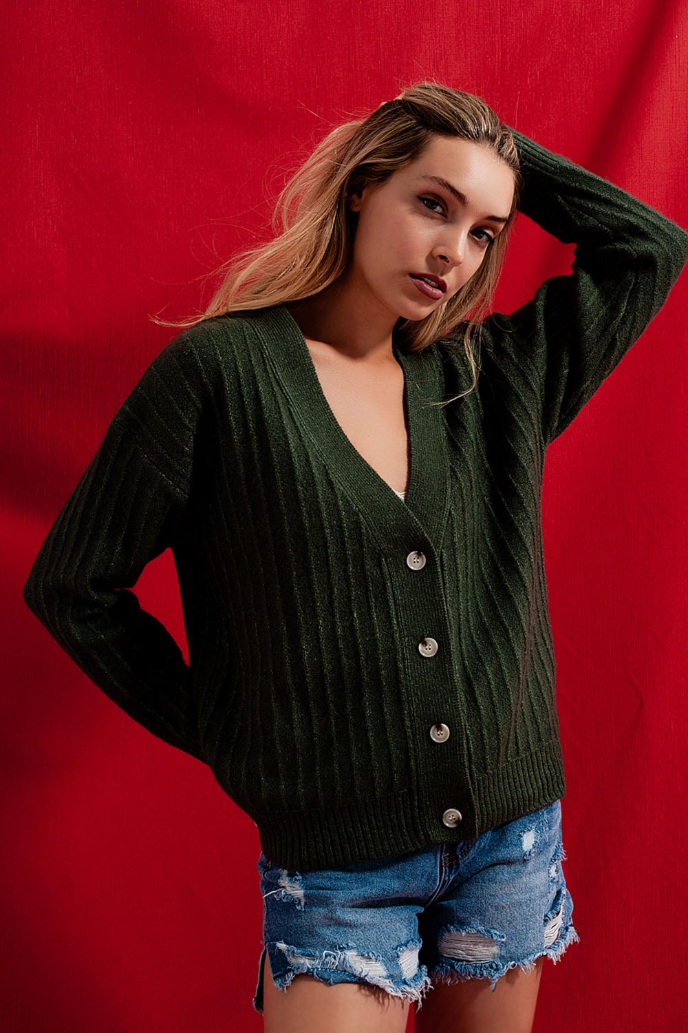Cardigan de malha com mangas de balão verde