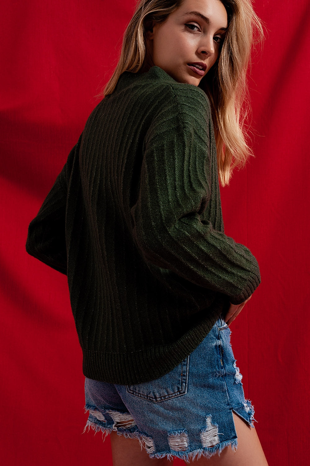 Cardigan de malha com mangas de balão verde