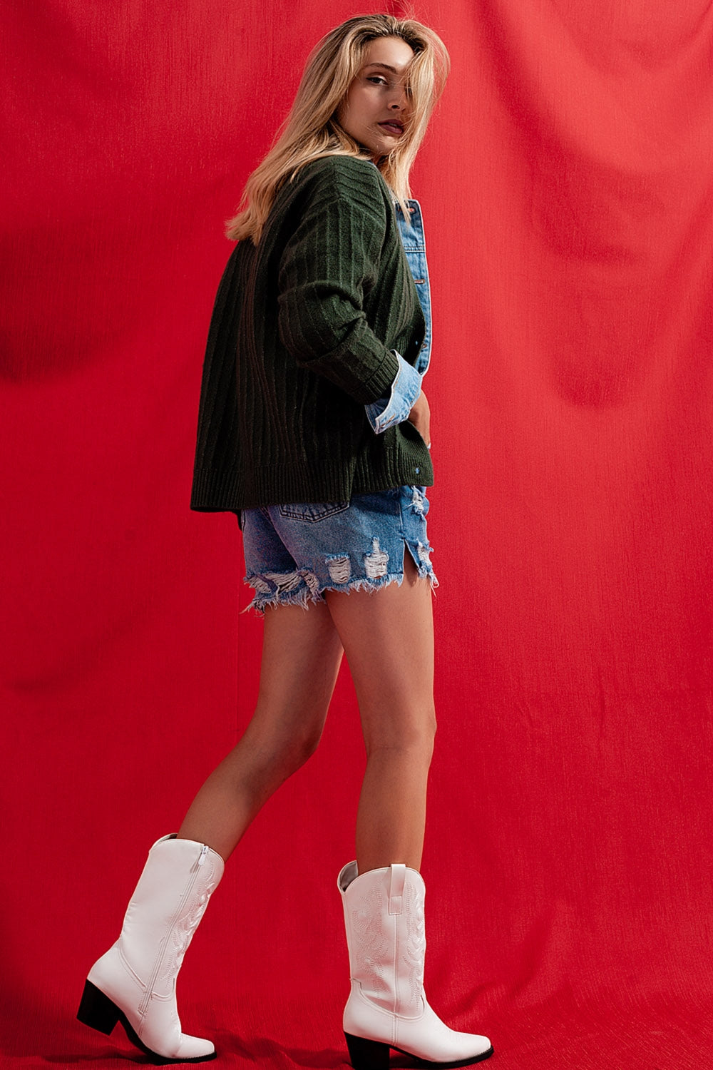 Cardigan de malha com mangas de balão verde
