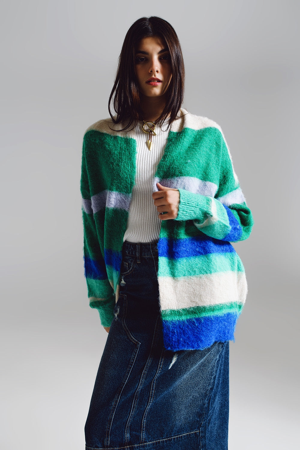 Q2 Cardigan longo fofo multicolorido em azul e verde