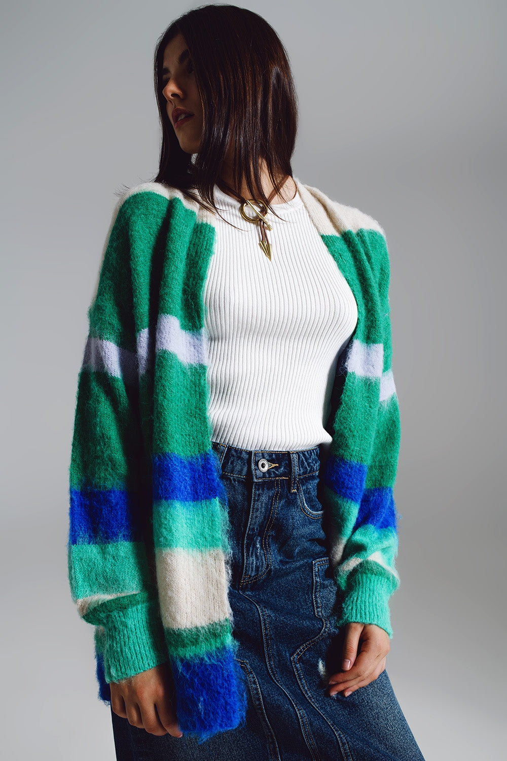 Cardigan longo fofo multicolorido em azul e verde