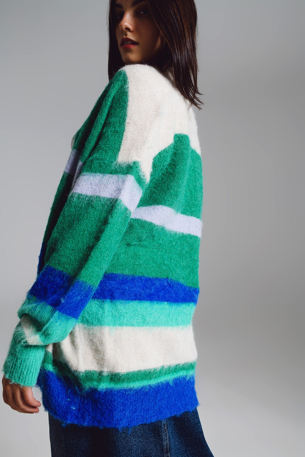 Cardigan longo fofo multicolorido em azul e verde