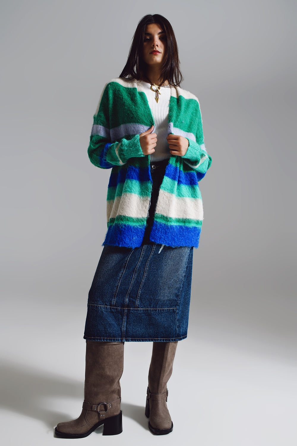 Cardigan longo fofo multicolorido em azul e verde