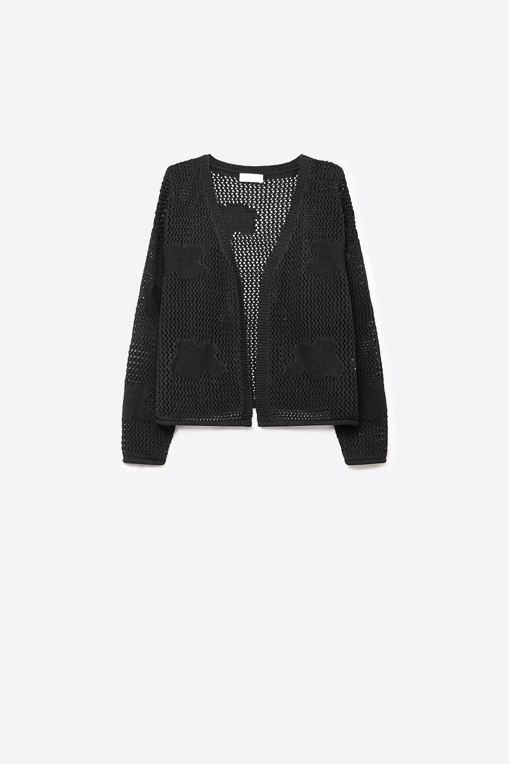 Q2 Cardigan Preto de Malha Aberta com Detalhe de Patch e Caimento Solto em Gola V