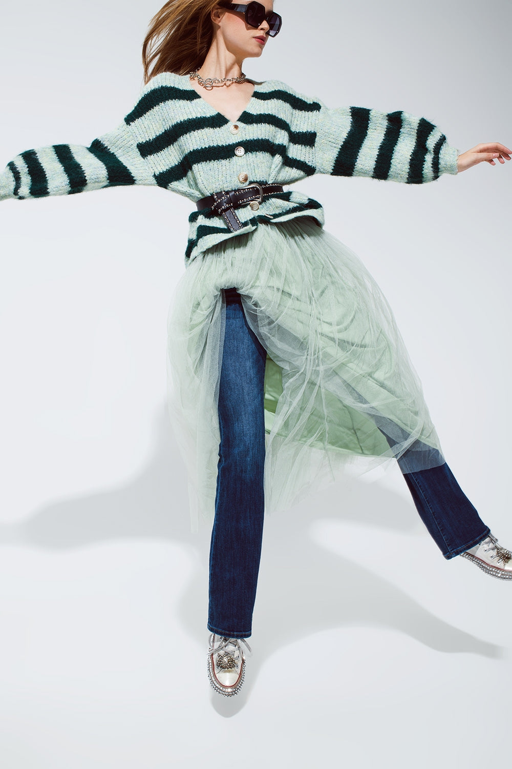 Cardigan Super Fofo Superdimensionado em Design Listrado Verde