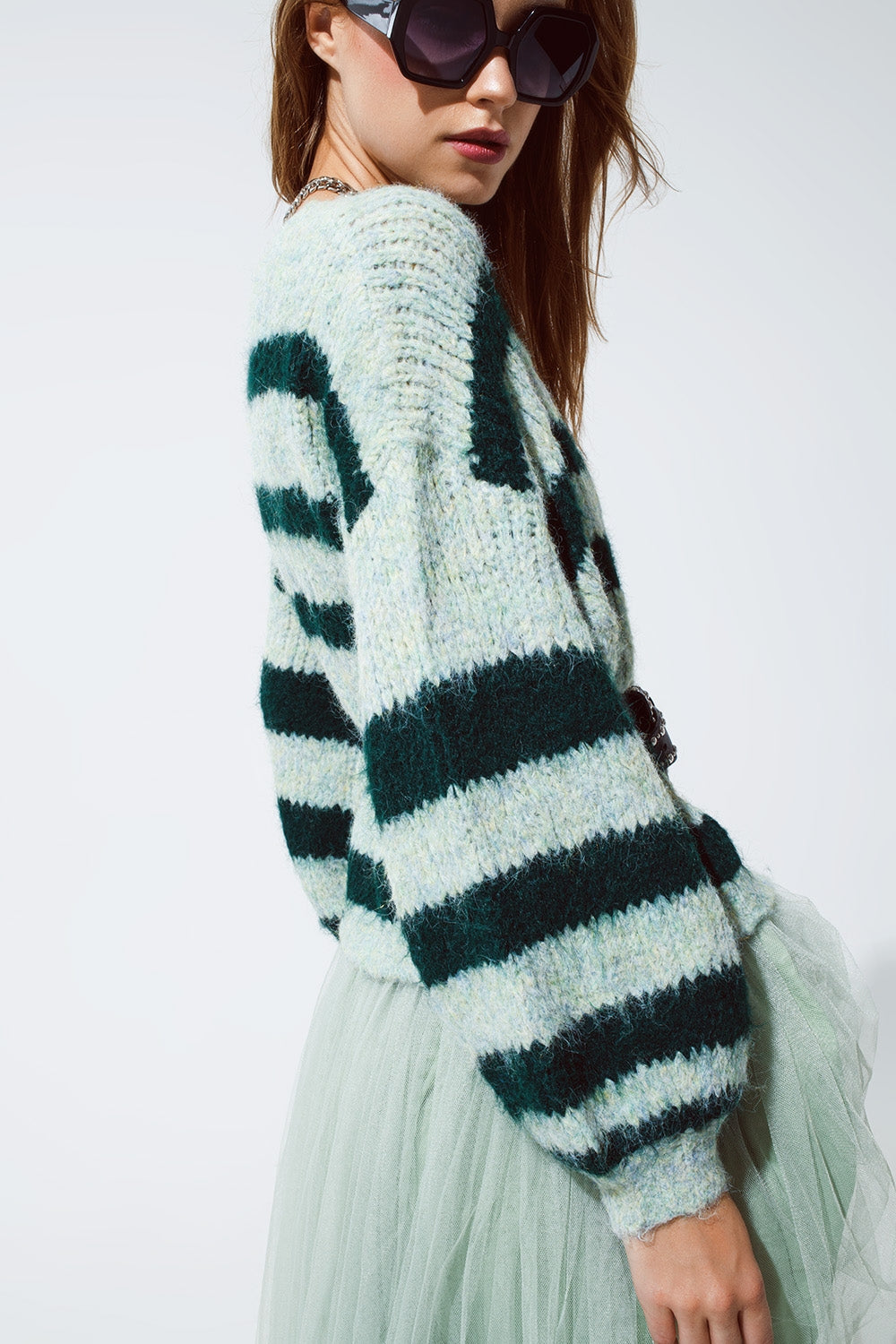 Cardigan Super Fofo Superdimensionado em Design Listrado Verde