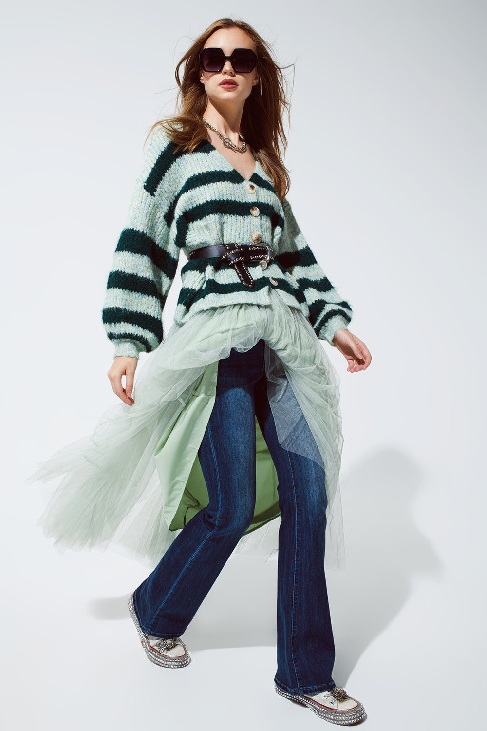 Cardigan Super Fofo Superdimensionado em Design Listrado Verde