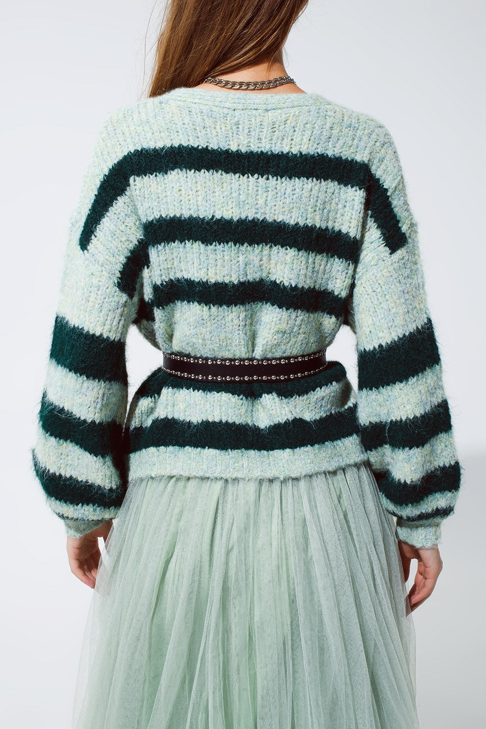 Cardigan Super Fofo Superdimensionado em Design Listrado Verde
