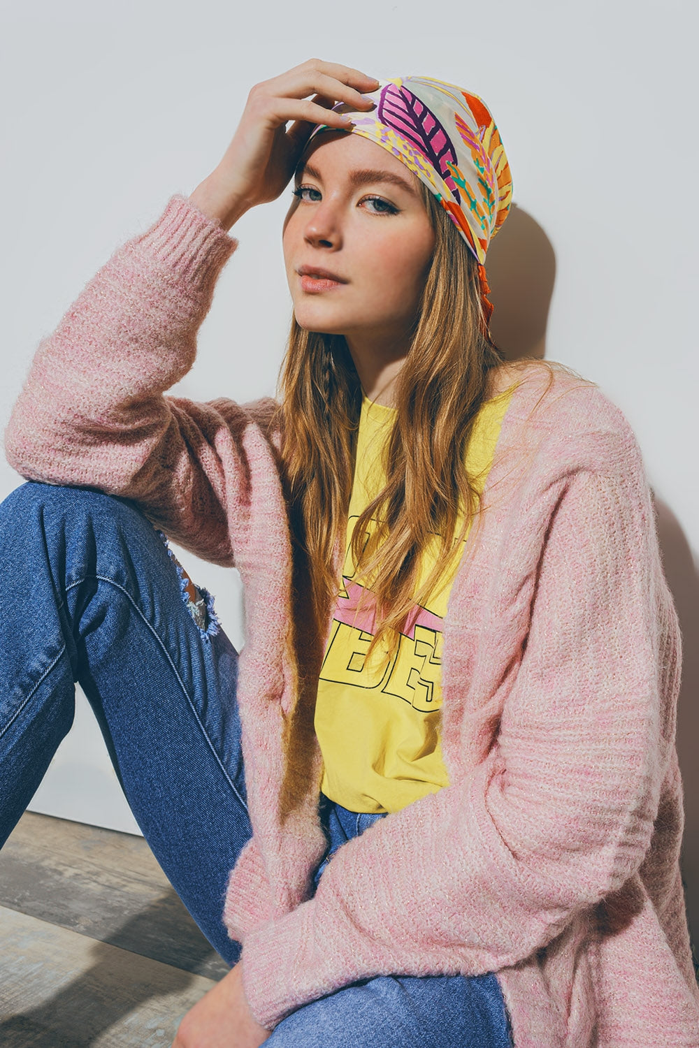 Q2 Cardigan tricotado em cor-de-rosa