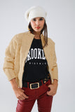 Q2 Casaco bomber de malha macia e volumosa em cor camel