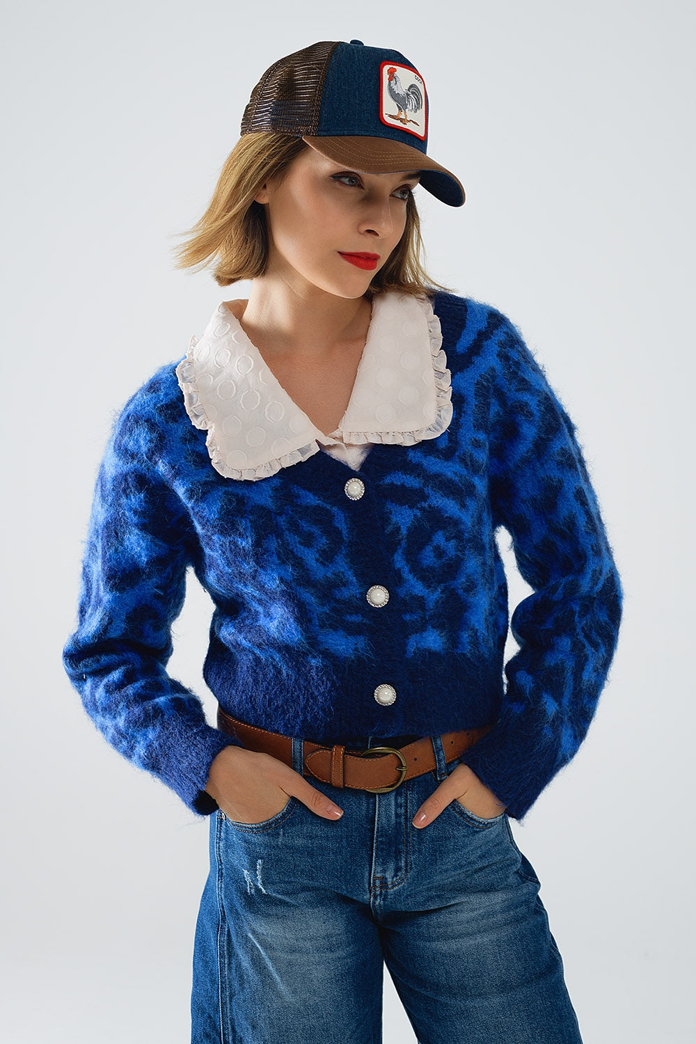 Q2 Casaco com estampado de leopardo azul em tecido de malha com lã