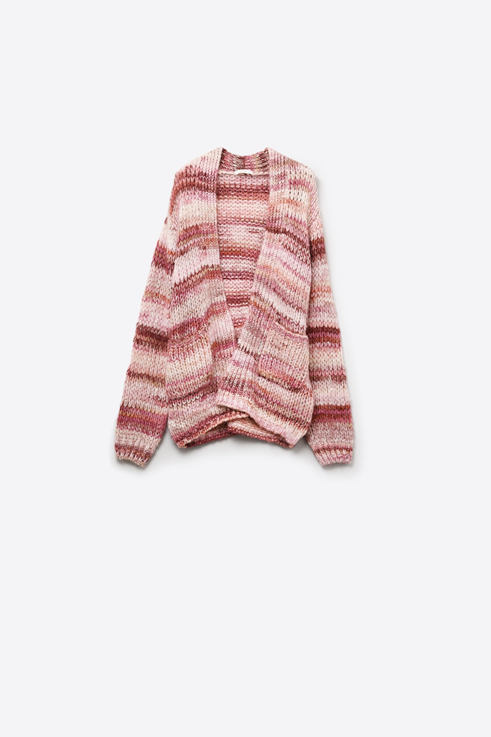 Q2 Casaco comprido às riscas mosqueadas de grandes dimensões com bolsos em cor-de-rosa