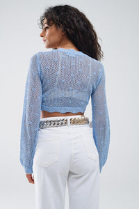 Casaco curto de croché azul com pormenor em lurex