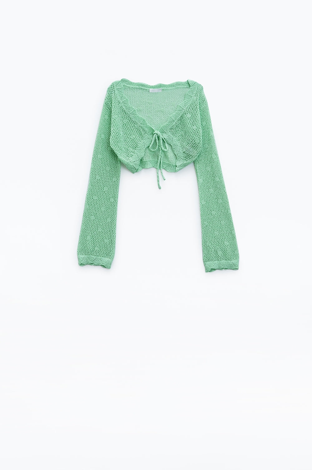 Q2 Casaco curto de croché verde com pormenor em lurex