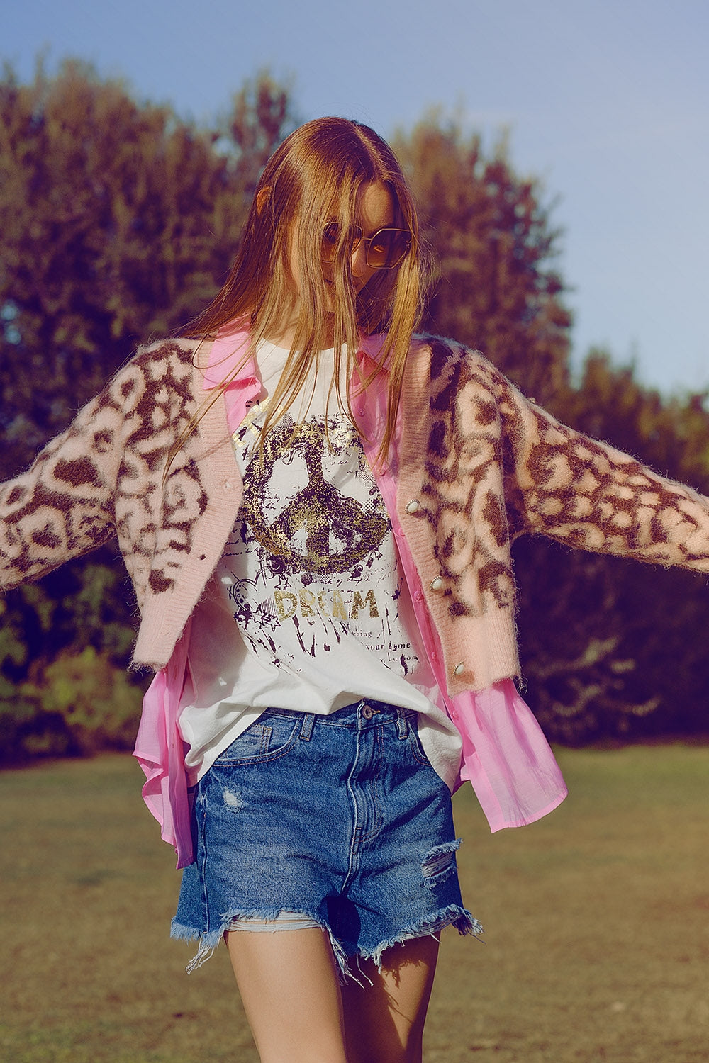 Q2 casaco de lã com estampado de leopardo em cor-de-rosa
