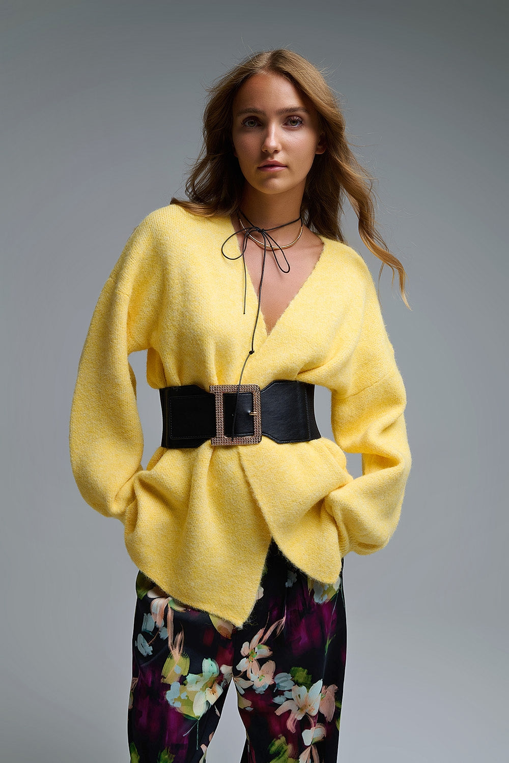 Q2 Casaco de malha amarelo elegante