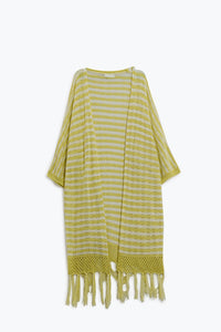 Q2 Casaco de malha amarelo estilo Boho com riscas de malha Pointelle e pormenores de franjas