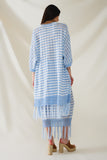 Casaco de malha azul estilo Boho com riscas de malha Pointelle e pormenores de franjas