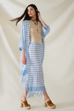 Casaco de malha azul estilo Boho com riscas de malha Pointelle e pormenores de franjas