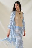 Q2 Casaco de malha azul estilo Boho com riscas de malha Pointelle e pormenores de franjas