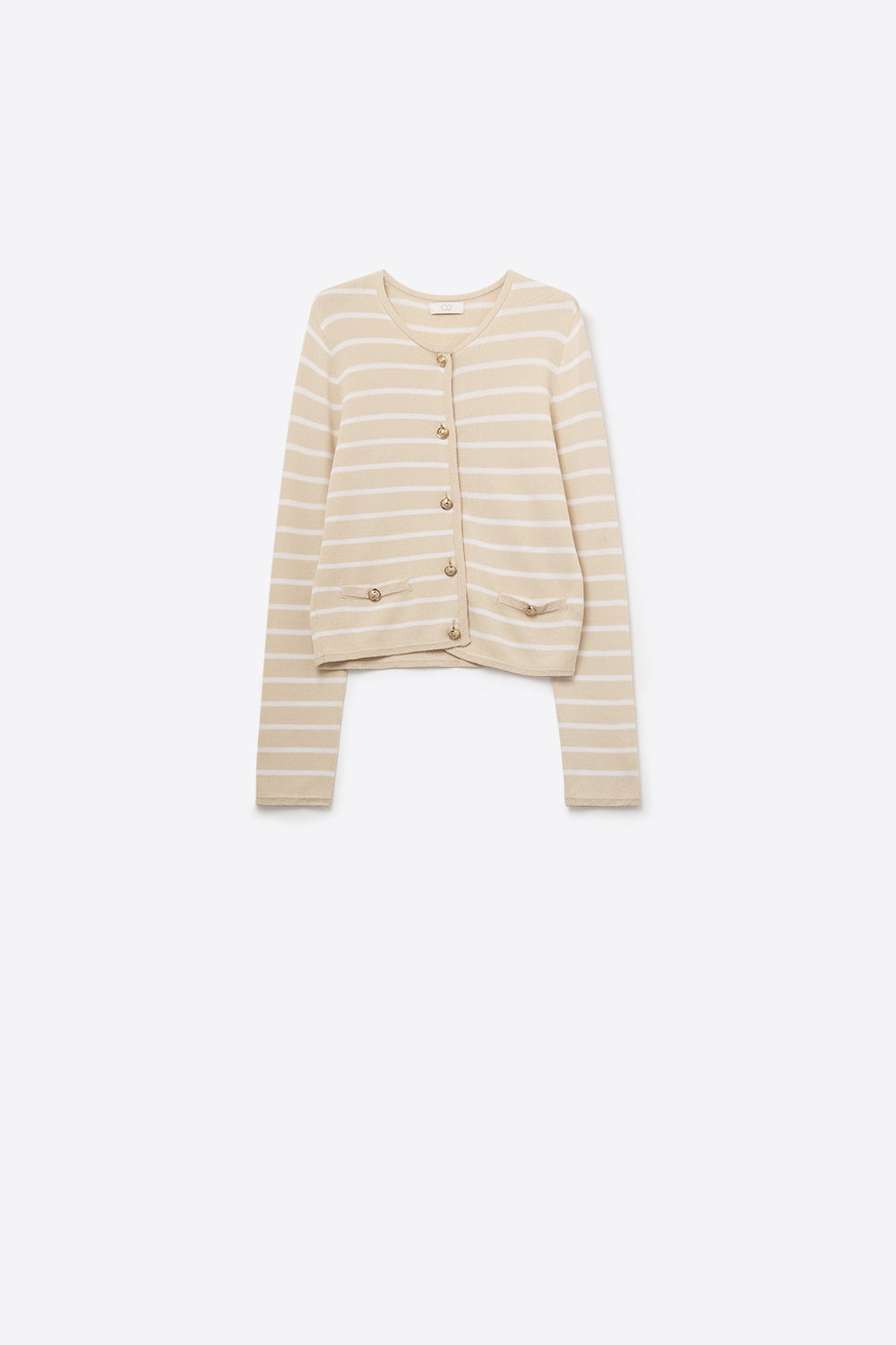 Q2 Casaco de malha bege com riscas brancas e botões dourados