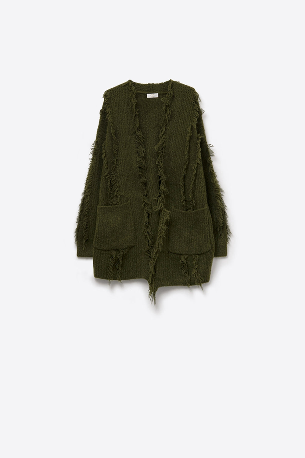 Q2 Casaco de malha Boho desgastado verde floresta com bolsos à frente