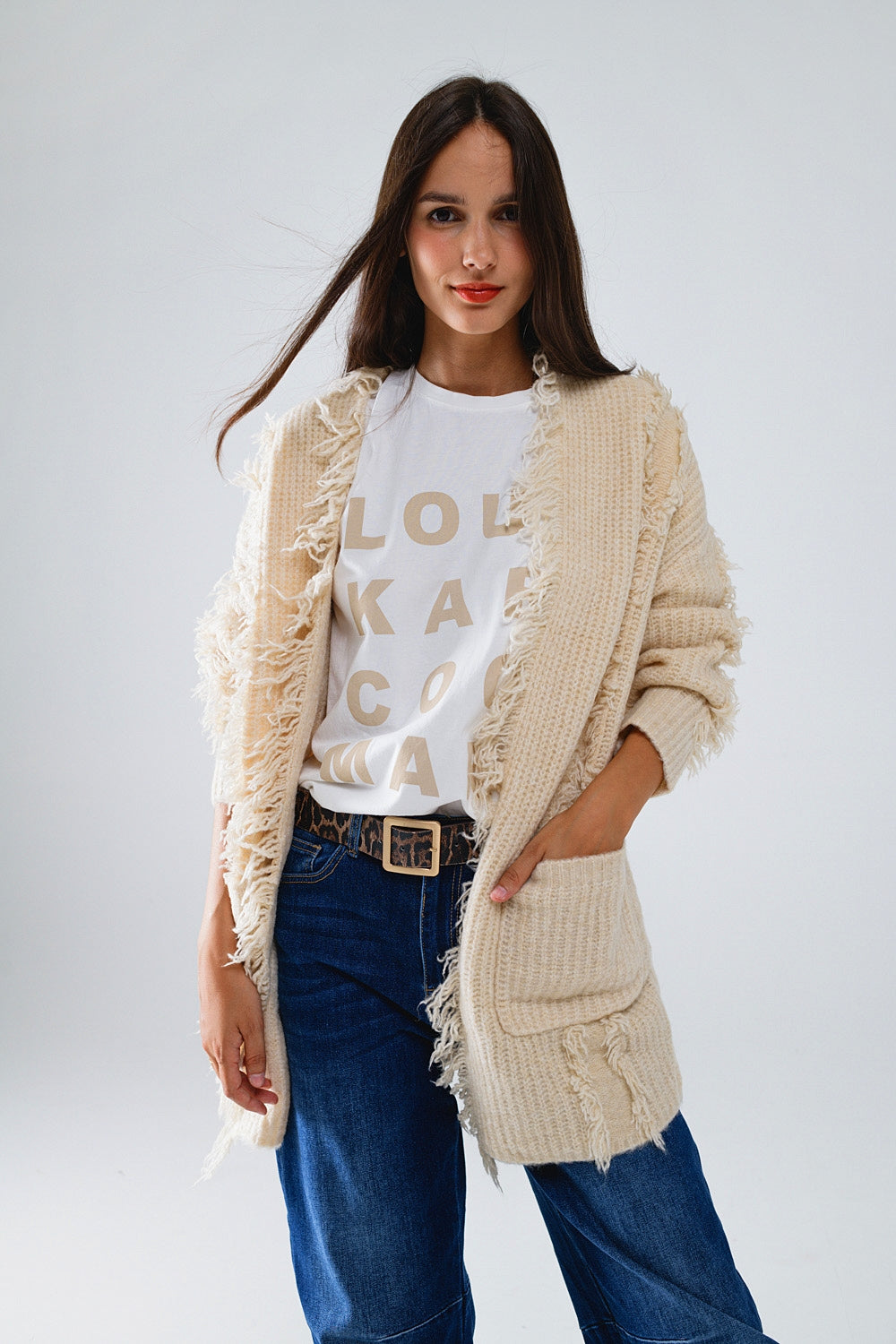 Q2 Casaco de malha branco Boho com bolsos à frente