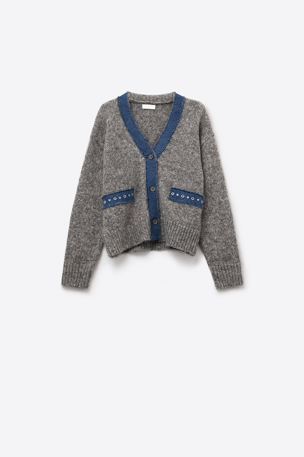 Q2 casaco de malha cinzento com pormenores em tecido de ganga
