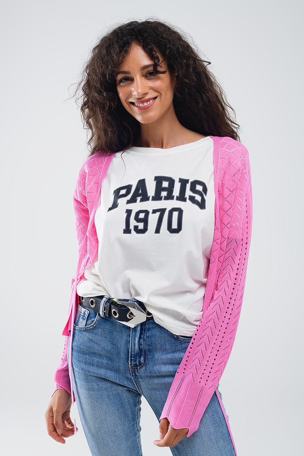 Q2 Casaco de malha cor-de-rosa com estampado Argyle e fecho com laço
