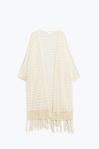 Q2 Casaco de malha estilo Boho bege com riscas e pormenores de franjas