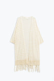 Q2 Casaco de malha estilo Boho bege com riscas e pormenores de franjas