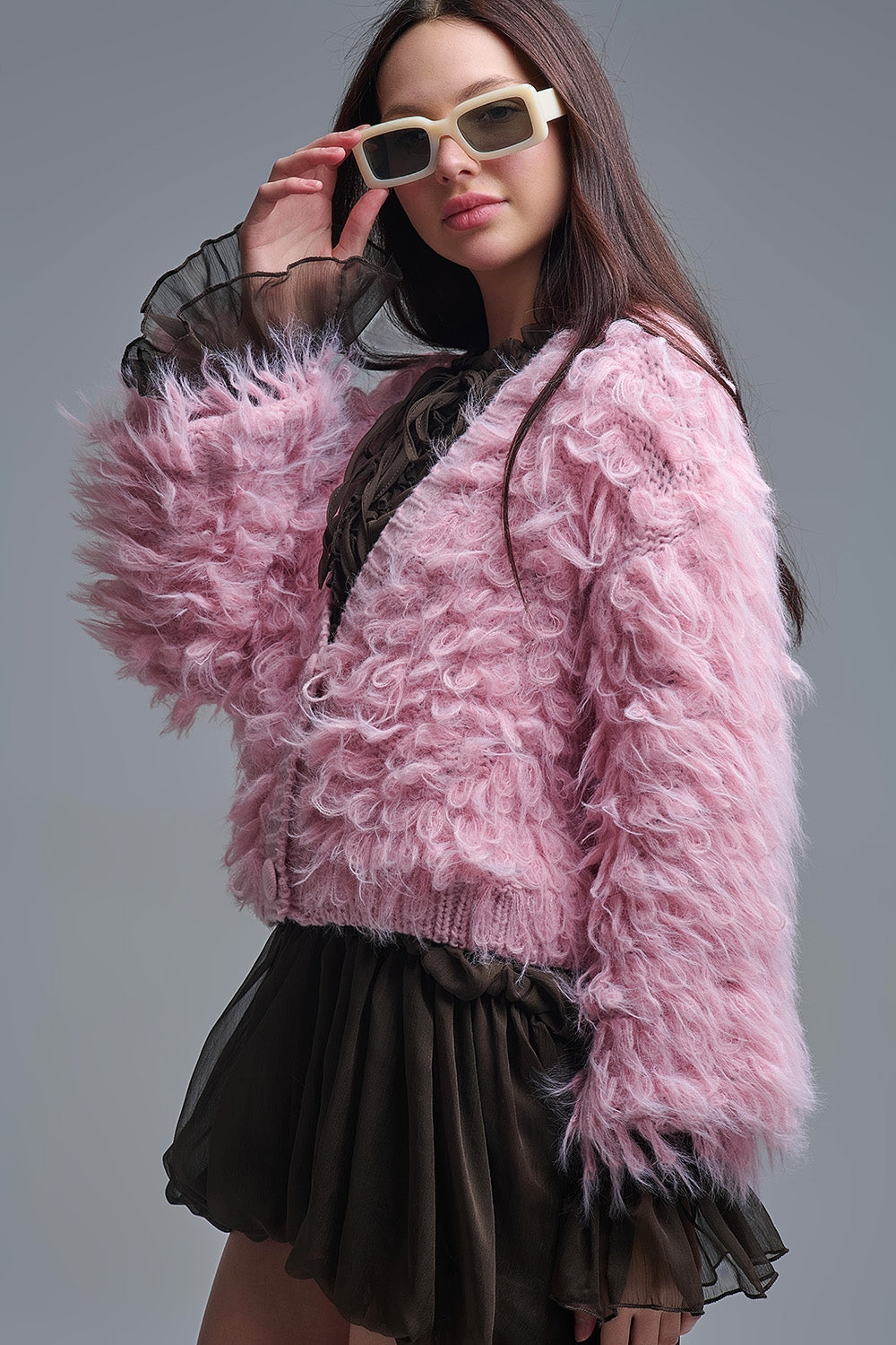 Q2 Casaco de malha felpuda estilo Shag em cor-de-rosa