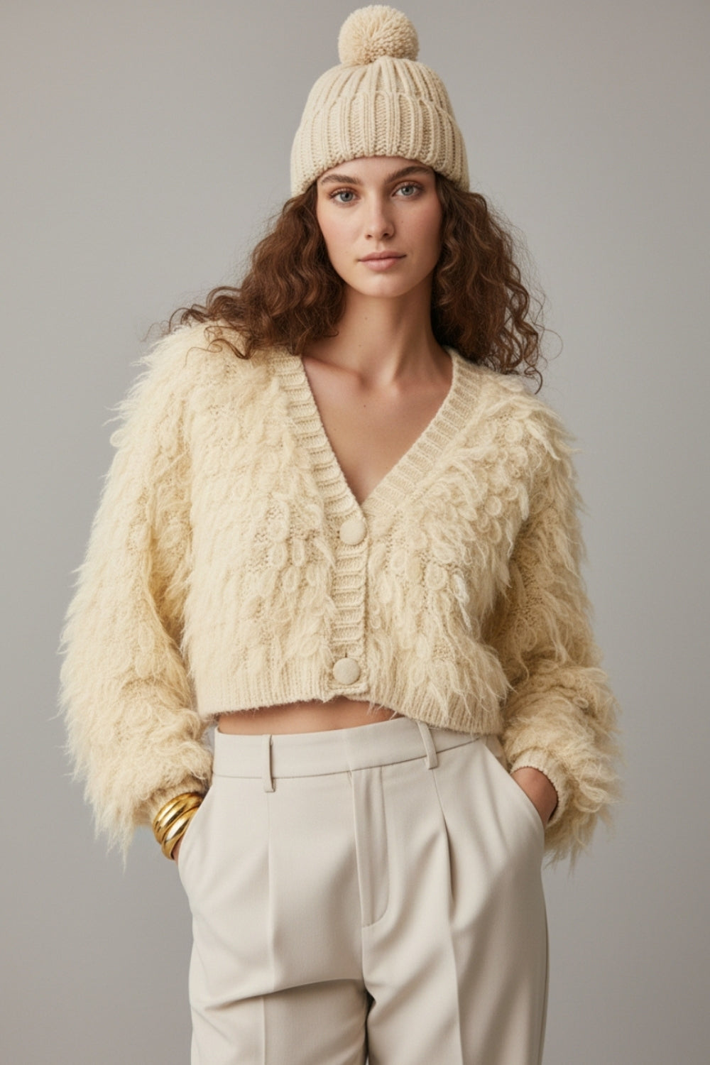 Q2 Casaco de malha felpuda estilo Shag em creme