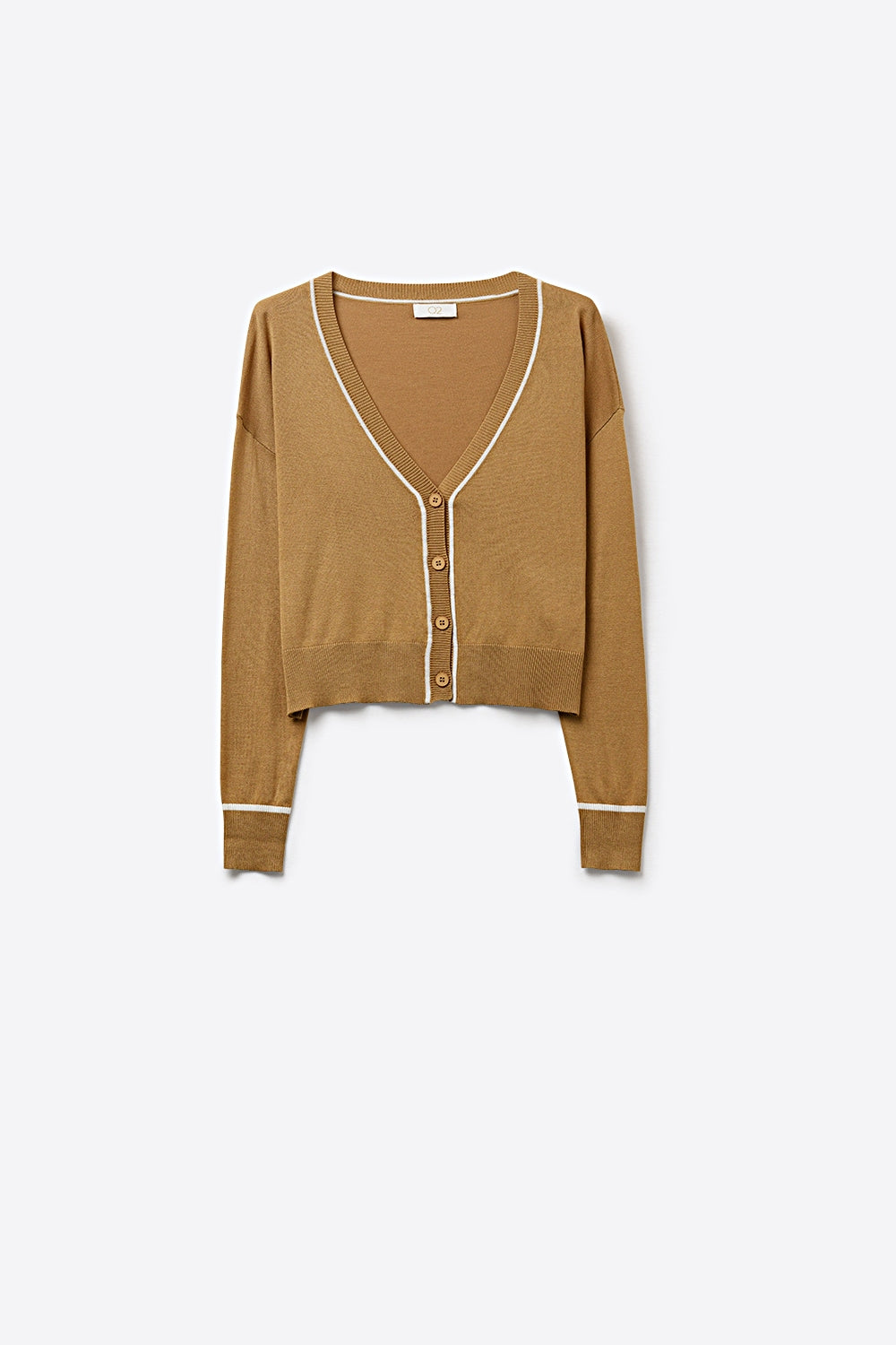 Q2 Casaco de malha fina camel com rebordo contrastante em branco