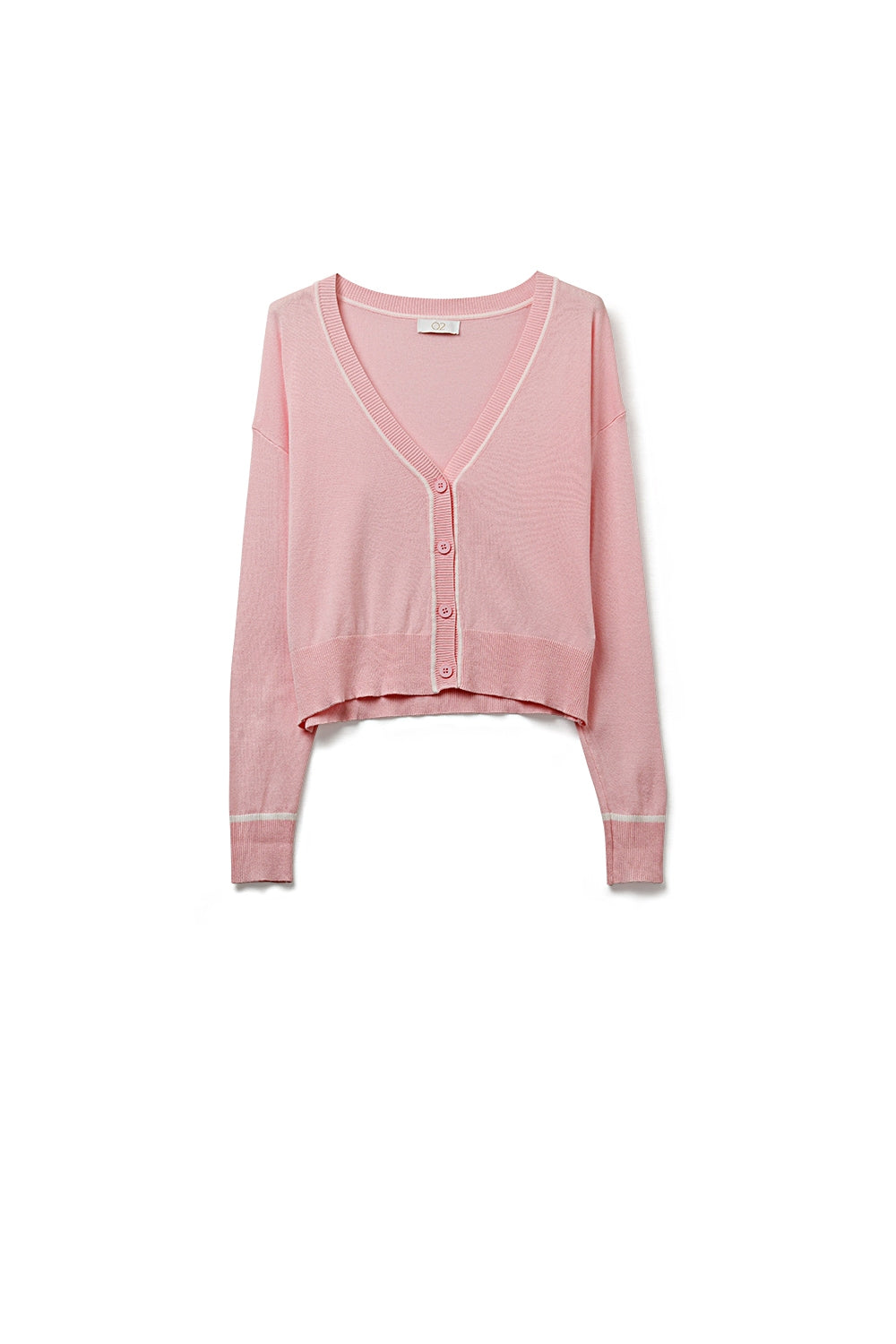 Q2 Casaco de malha fina cor-de-rosa com rebordo contrastante em branco