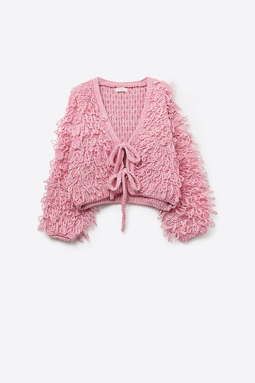 Q2 Casaco de malha grossa rosa com decote em V e fecho com laço à frente
