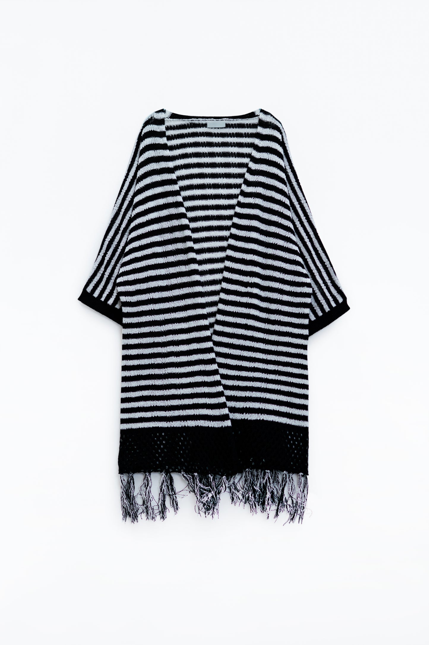Q2 Casaco de malha preto estilo Boho com malha às riscas e pormenores de franjas