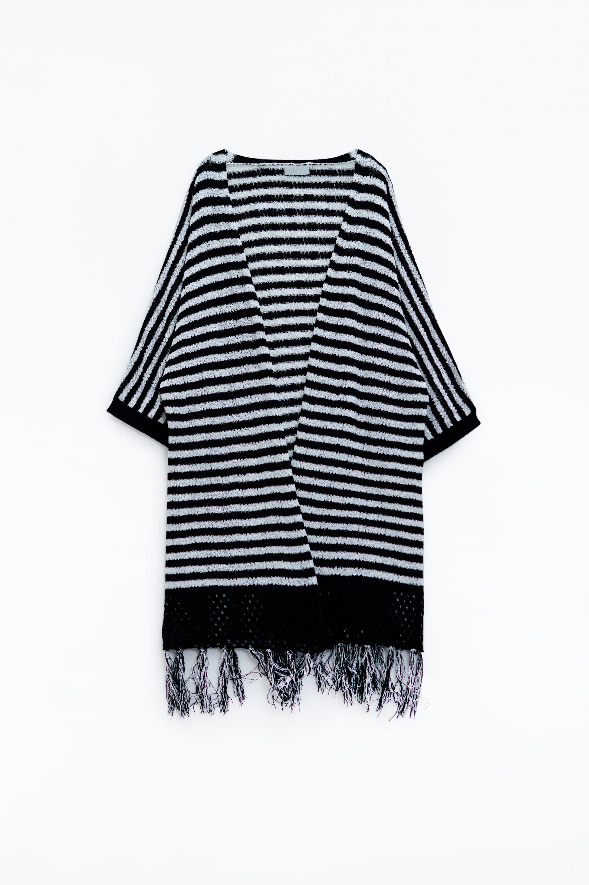 Q2 Casaco de malha preto estilo Boho com malha às riscas e pormenores de franjas