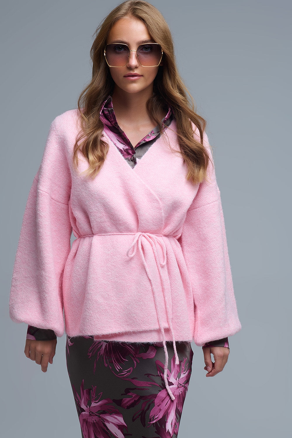 Q2 Casaco de malha rosa elegante