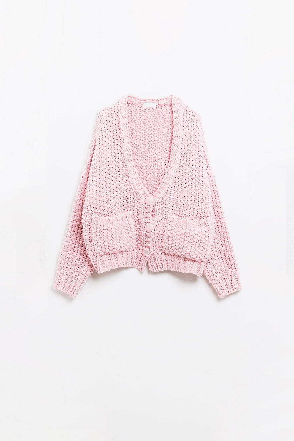 Q2 Casaco de malha volumosa cor-de-rosa de grandes dimensões com bolsos