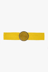 Q2 Cinto de tecido amarelo com fivela redonda com strass