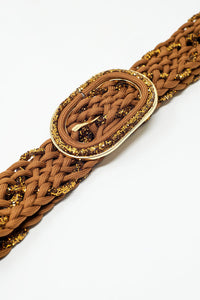 Cinto entrançado castanho com fio dourado entrelaçado e fivela oval