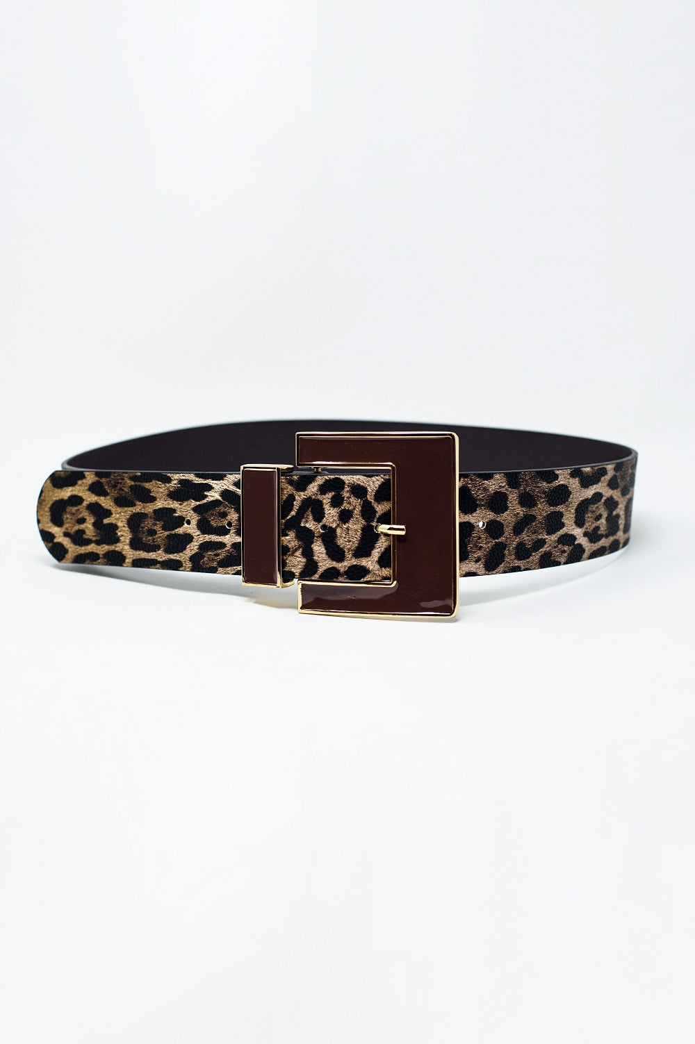 Q2 Cinto largo de leopardo em castanho escuro com fivela quadrada preta