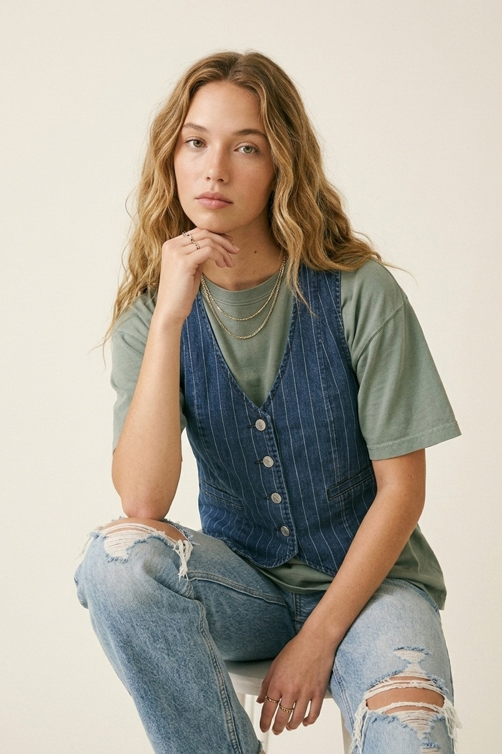 Q2 Colete com Botões na Frente de Denim com Risca de Giz Azul
