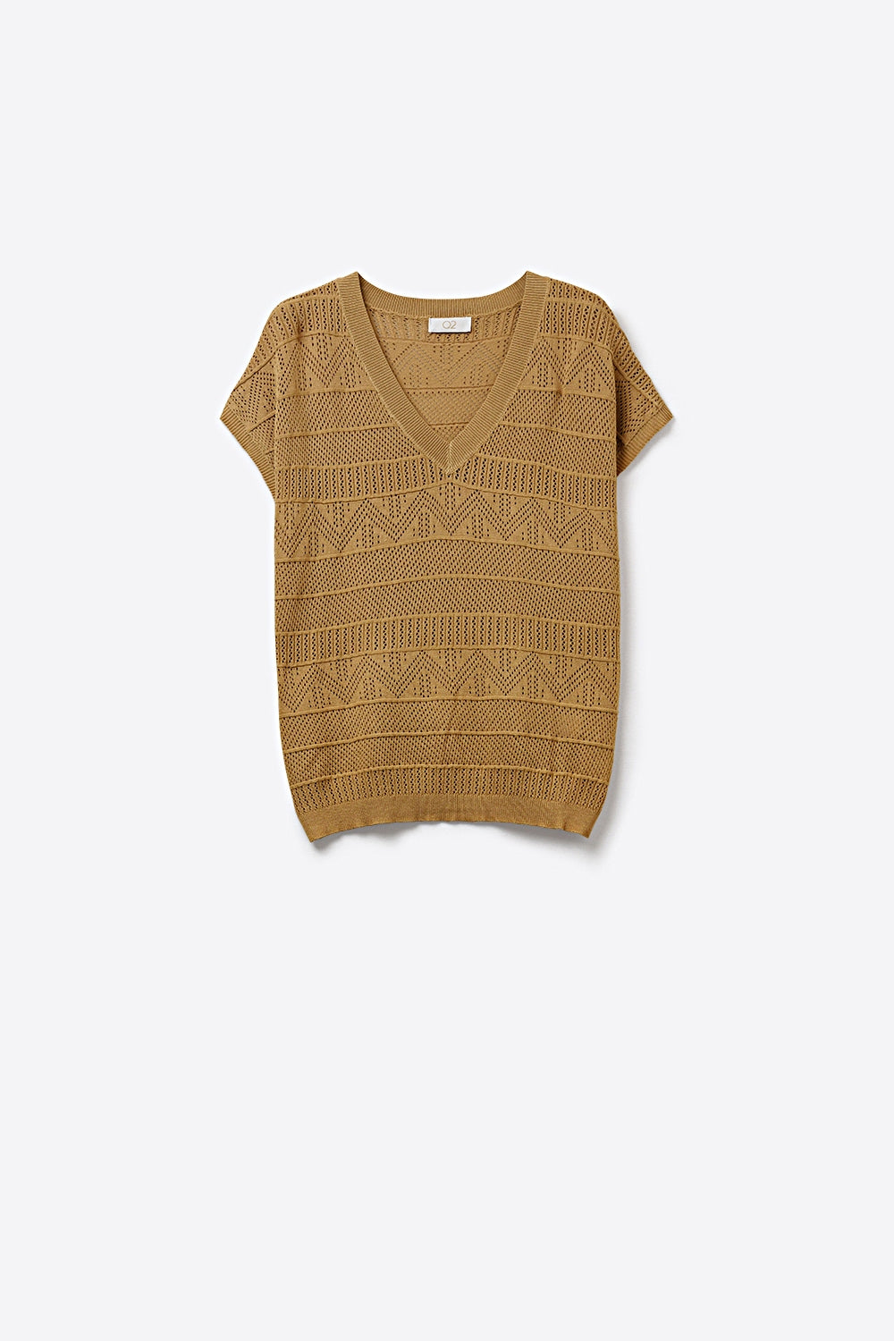Q2 Colete de camisola de manga curta com decote em V em malha camel