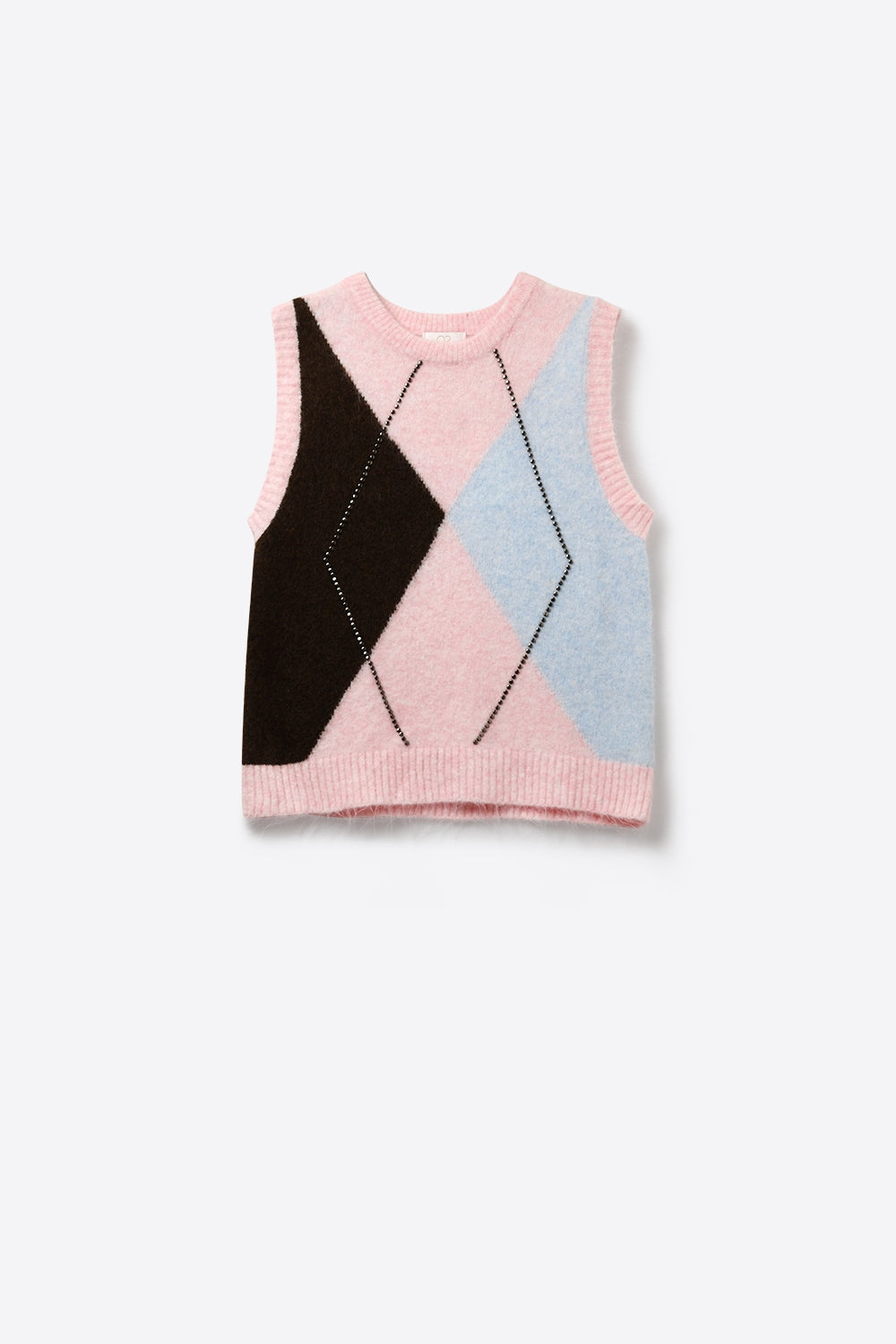 Colete de malha com estampado de losangos e detalhes de tachas metálicas em cor-de-rosa.