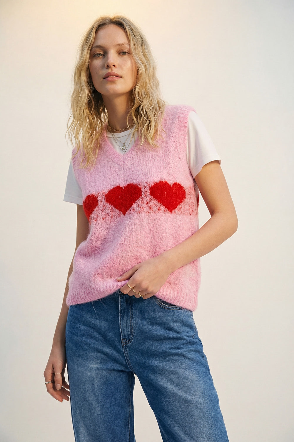 Q2 Colete de malha fofo e descontraído cor-de-rosa com motivos em forma de coração